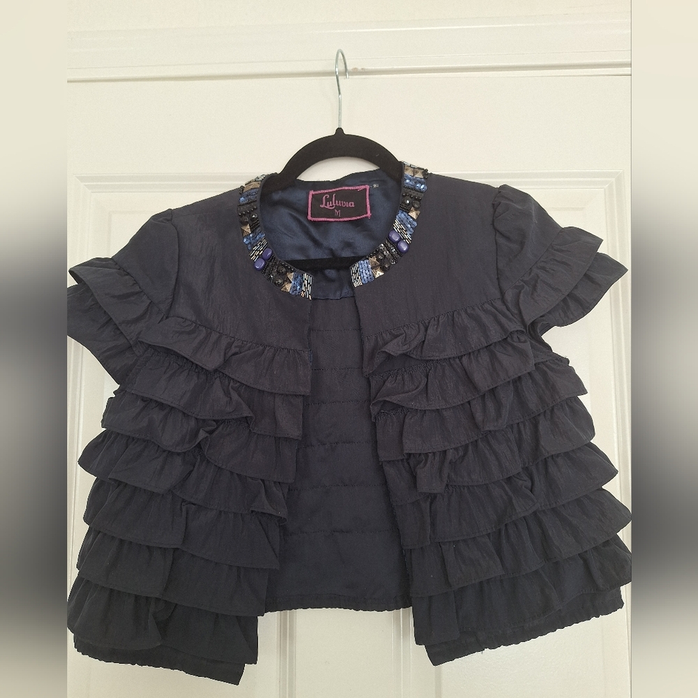 Luluvia Gray Bolero Jacket Ruffled‎ Open Front Size M